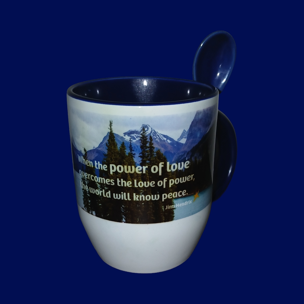 JIMI HENDRIX Inspirational Quote Blue and White Coffee Mug with Spoon